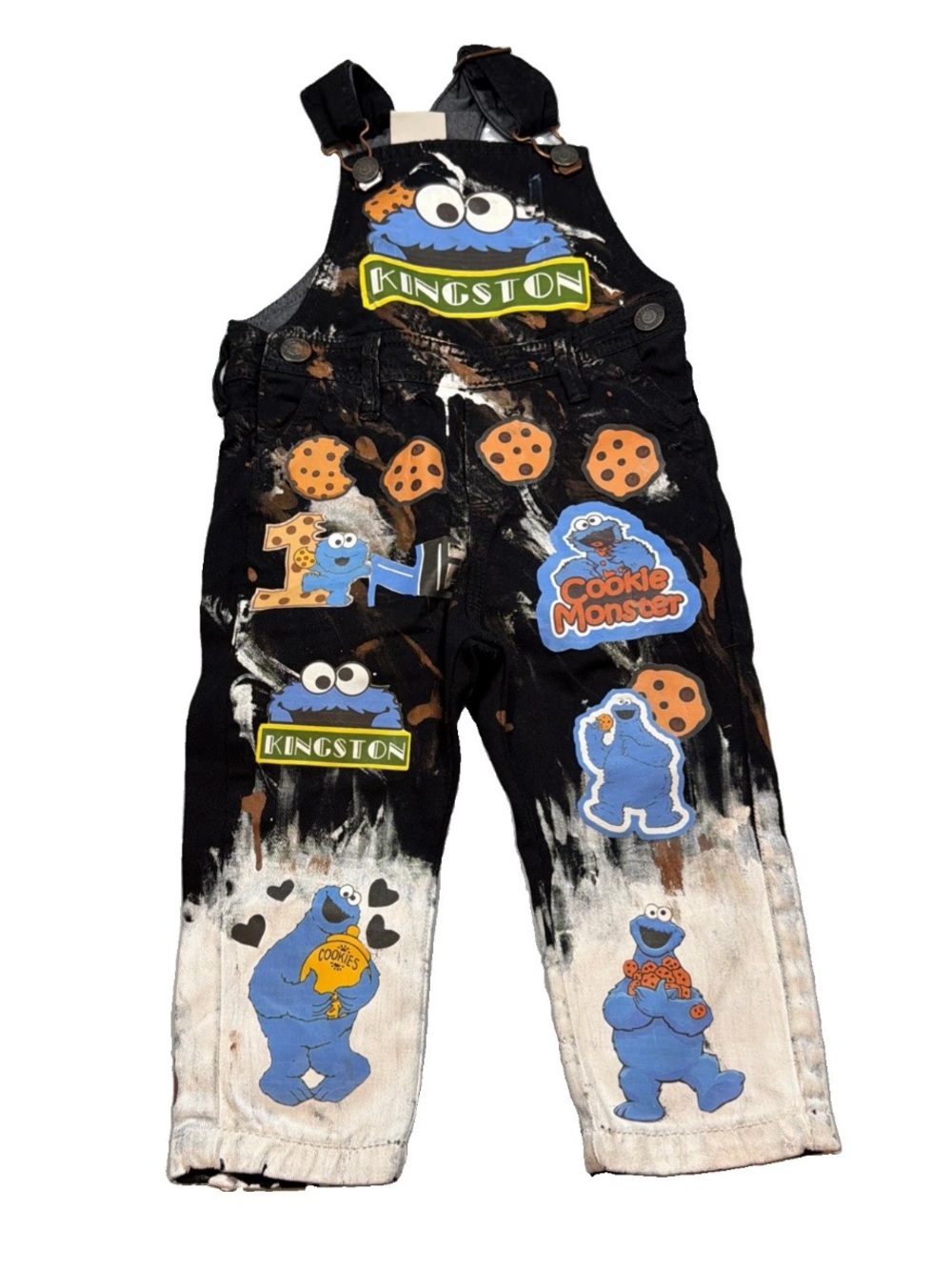 OFFCORSS BLACK denim bib overall jeans white tan paint splatters COOKIE MONSTER